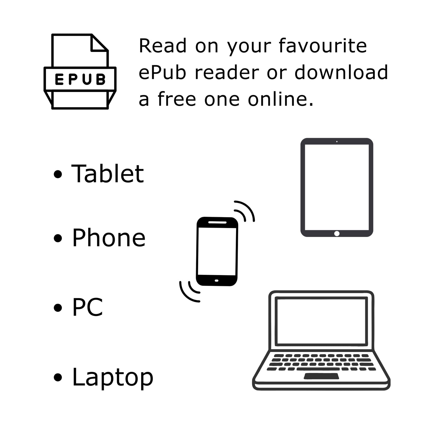 Black text on white background: 'Read on Your Favourite ePub Reader or download a free one online' with icons of tablet, phone, PC, and laptop.