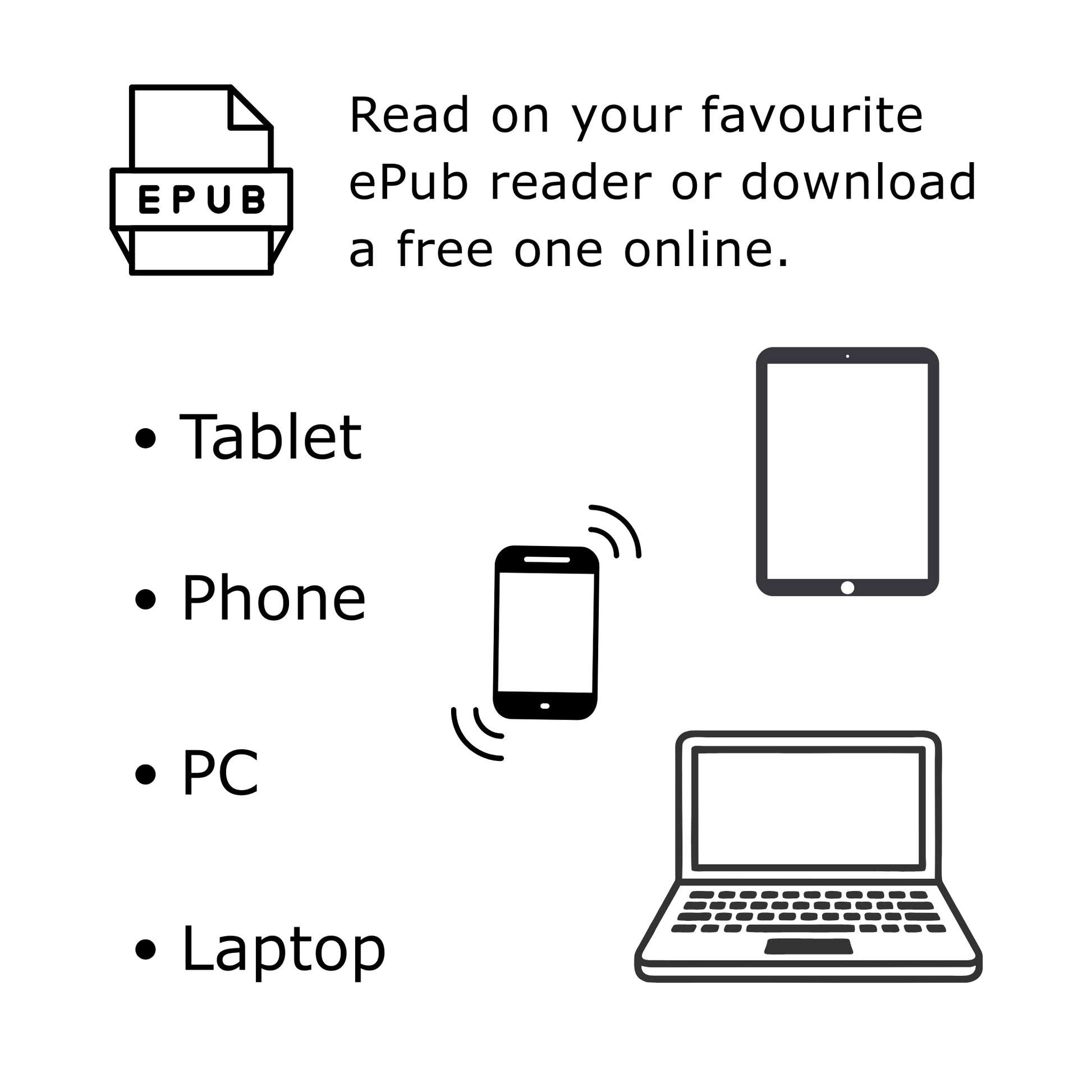Black text on white background: 'Read on Your Favourite ePub Reader or download a free one online' with icons of tablet, phone, PC, and laptop.